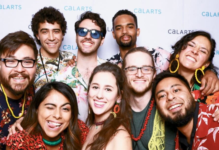 Alumnx and current students pose during the 2019 CalArts Weekend, our annual homecoming. Back: Eloy Neira (MFA 16, MA 19), Martin Velez (MFA 16), Pablo Leñero (BFA 19), David Velazco (BFA Candidate), Emilia Desiré Moscoso Borja (MFA 19). Front: Diana Soto Teixeira (MFA 19), Susana Pineda Correa (MFA Candidate), Kevin McClellan (MFA Candidate), Johnny Miguel (BFA Candidate).
