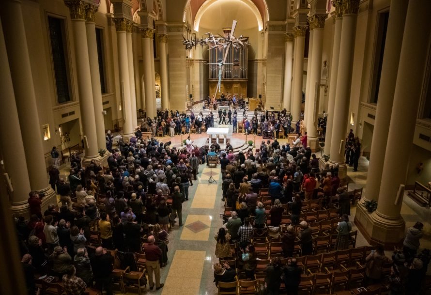 Raven Chacon's Voiceless Mass was performed at Present Music's annual Thanksgiving concert: Circle Unbroken, at the Cathedral of St. John the Evangelist in Milwaukee, WI, on November 21, 2021. Photo: Samer Ghani