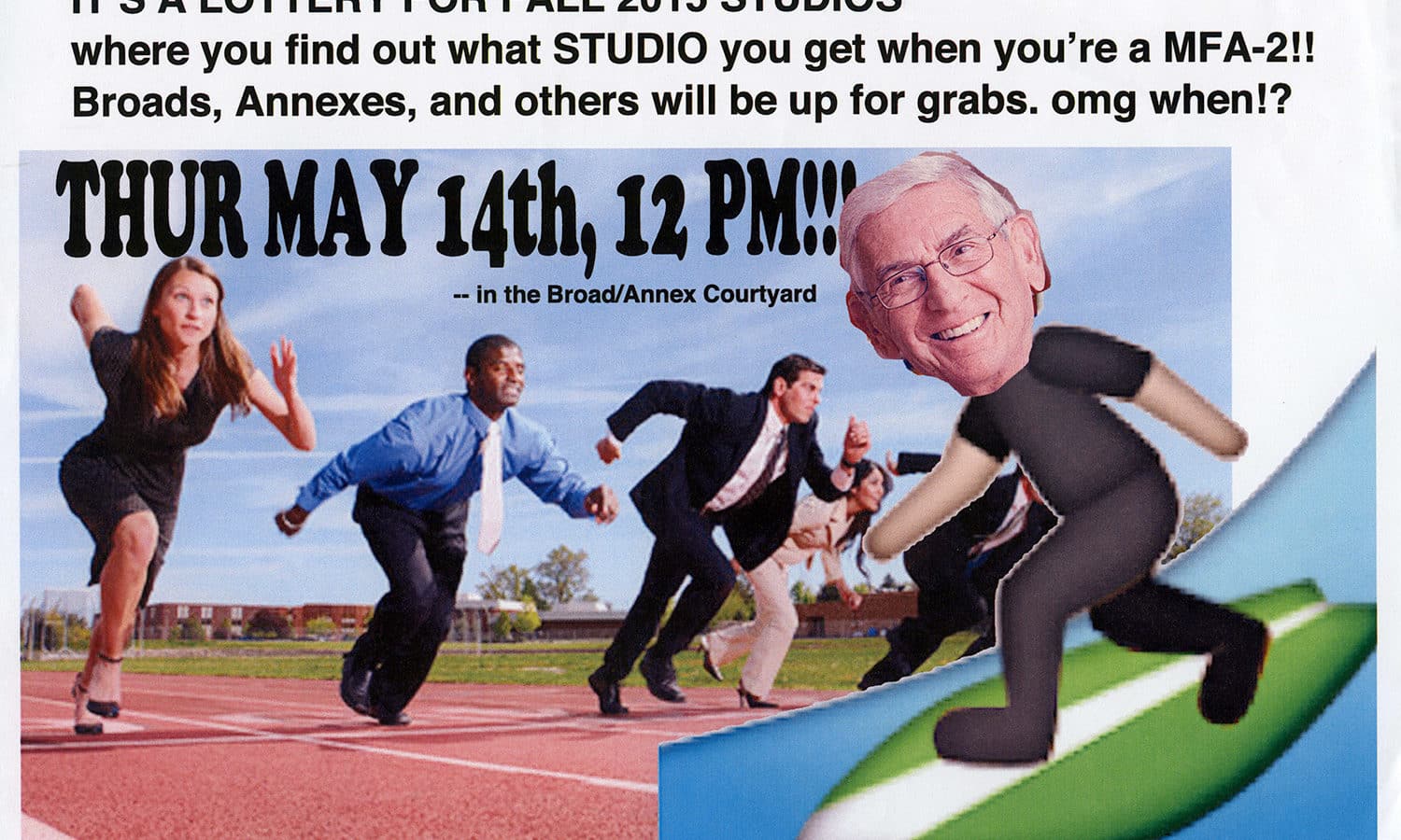 Top text: 'Cowabunga, MFA-1s in Art!' Stock image of people in professional attire at the starting line of a race track, and an emoji surfer with Eli Broad's face superimposed.