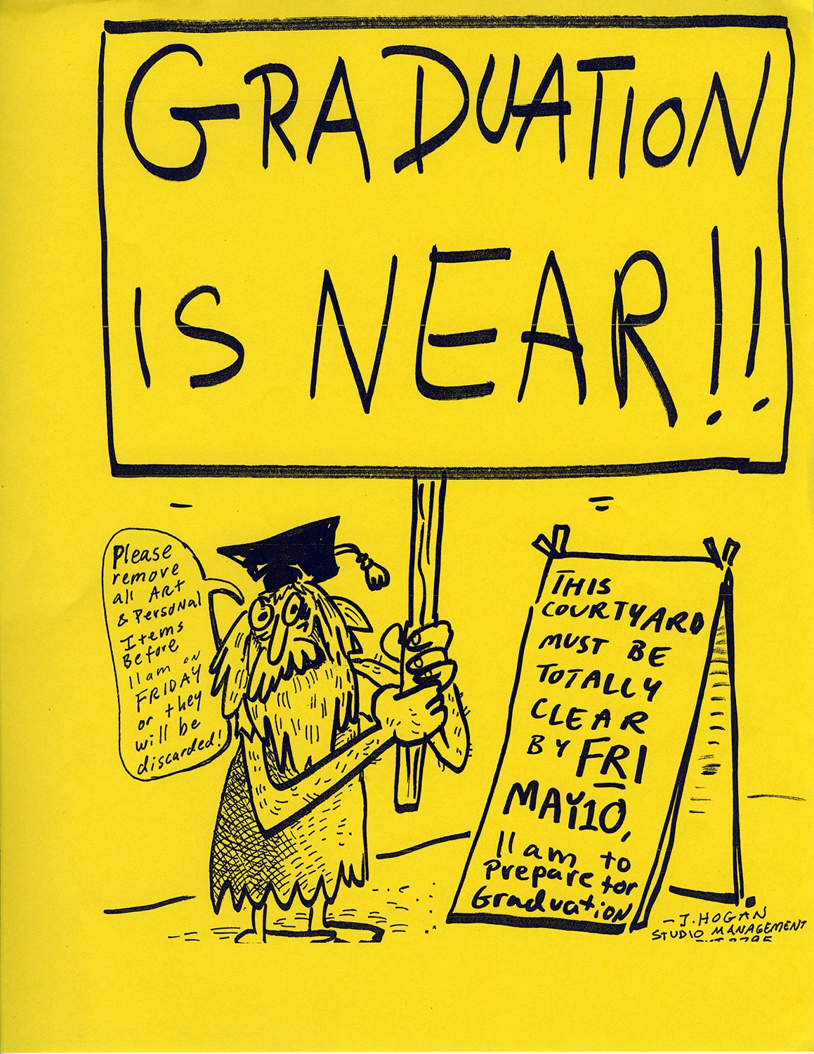 Sketch of person wearing a graduation cap holding a large sign reading 'Graduation is near!!'