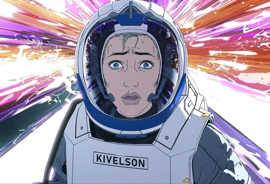Episode still of the the astronaut looking distraught. Behind her are crackling beams in purple, pink, orange, and white.