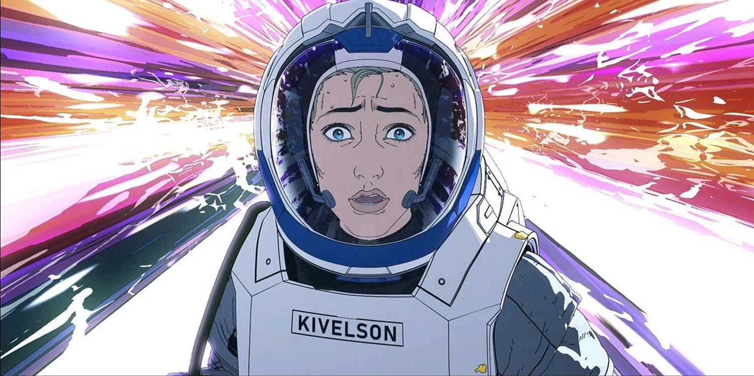 Episode still of the the astronaut looking distraught. Behind her are crackling beams in purple, pink, orange, and white.