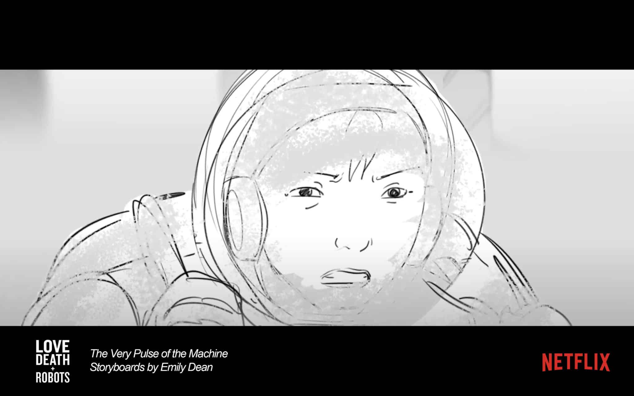 Storyboard sketch of a grimacing astronaut.