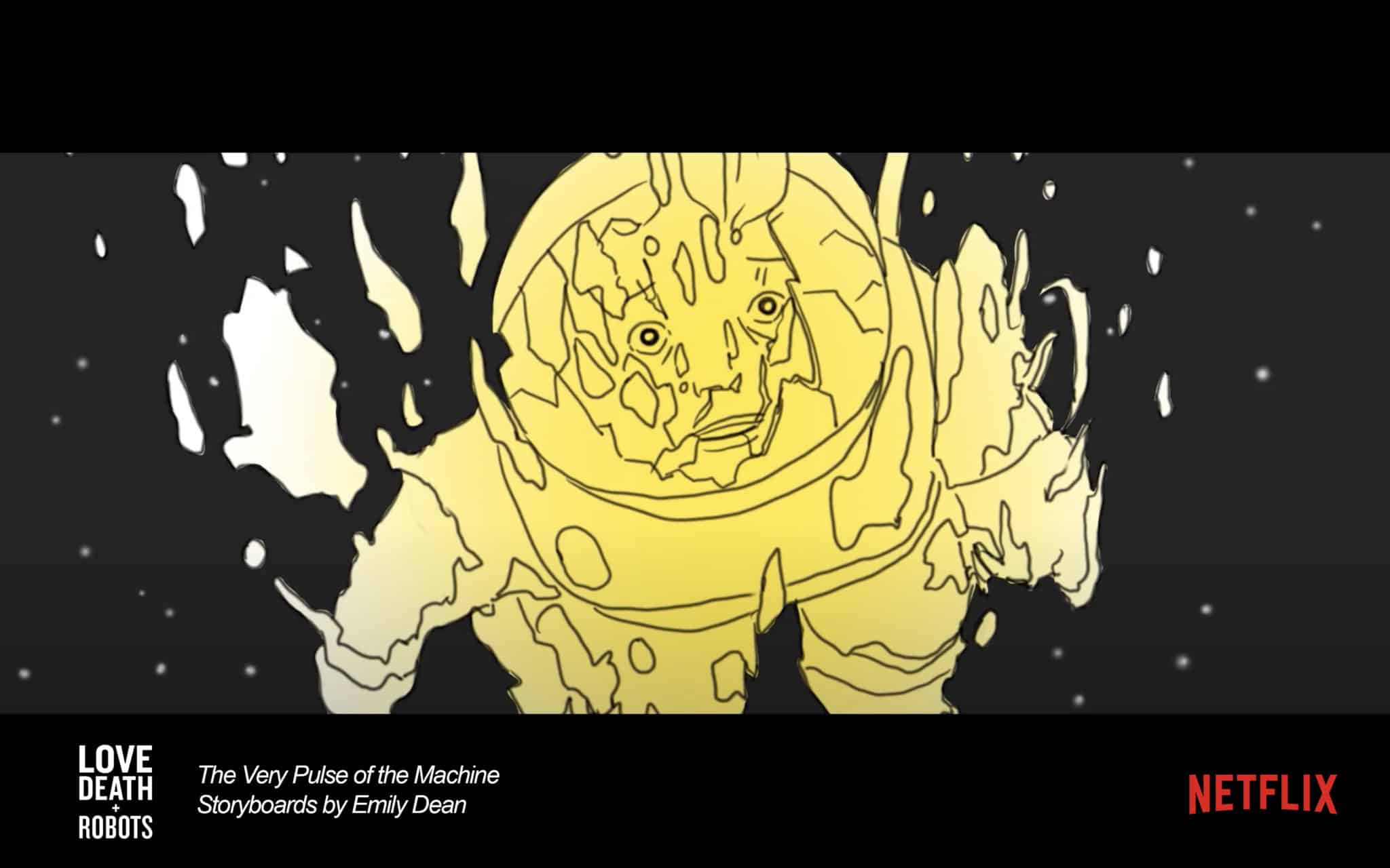 Storyboard sketch. Astronaut, colored yellow, begins disintegrating into the black starry background.