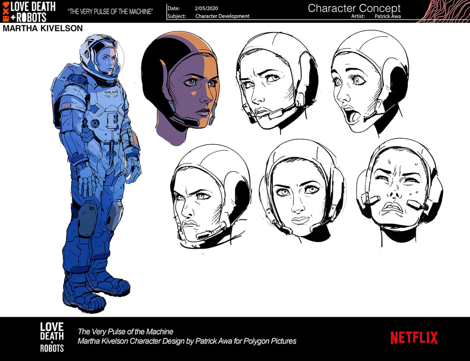 Character reference sheet of the astronaut. Full body colored image to the left, with six drawings of her face in various expressions.