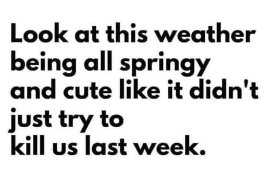 Text reads 'Look at this weather being all springy and cute like it didn't just try to kill us last week.'
