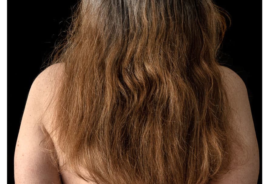 Back waist-up view of nude woman with long hair gradiating from gray to copper