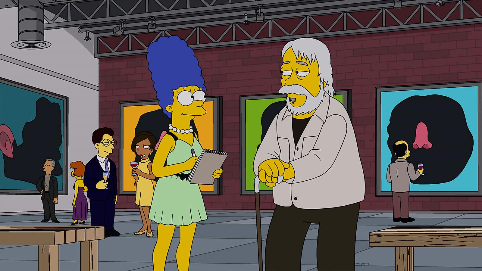 Still from "The Simpsons" of Marge interviewing John Baldessari in an art gallery