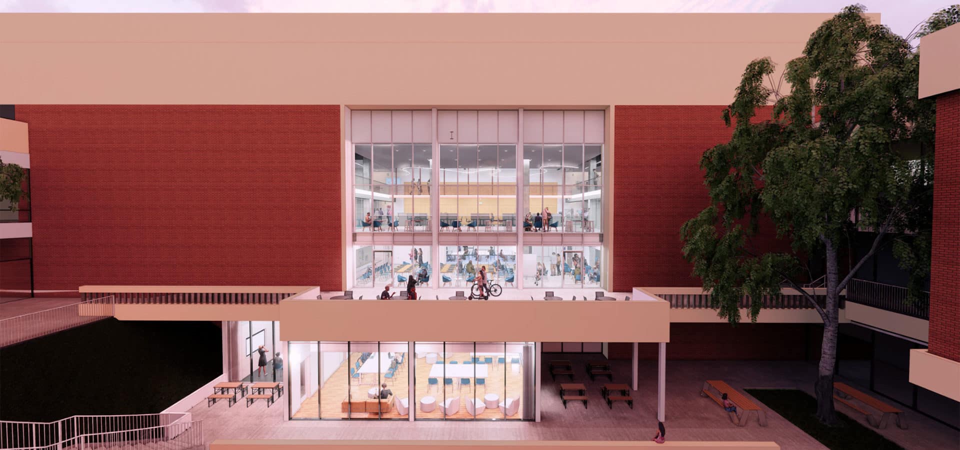 Rendering of studio block with large windows and modern stations and furnishings