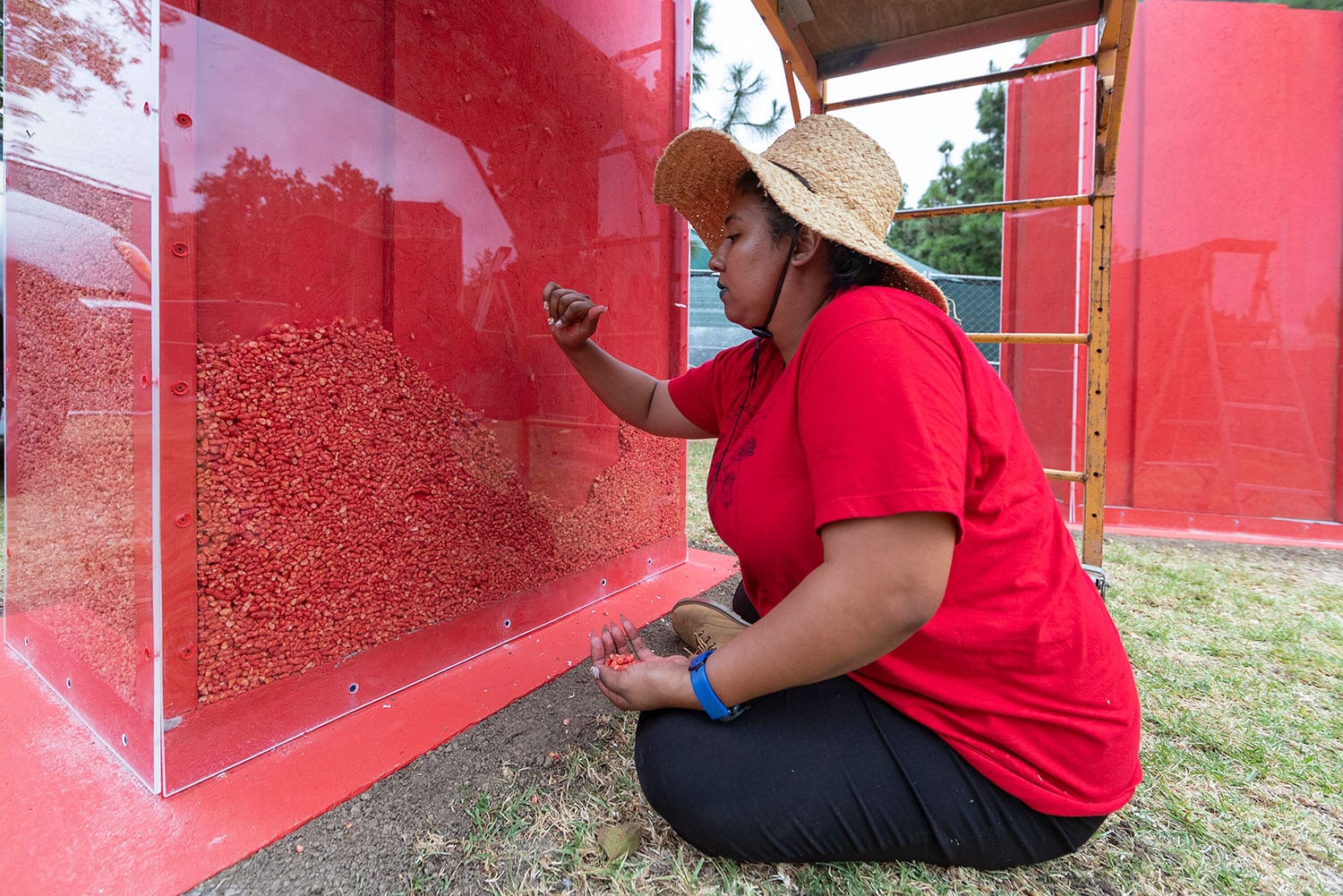 Jazmín Urrea sat kneeling as she works on her glass structure installation partially filled with Hot Cheetos