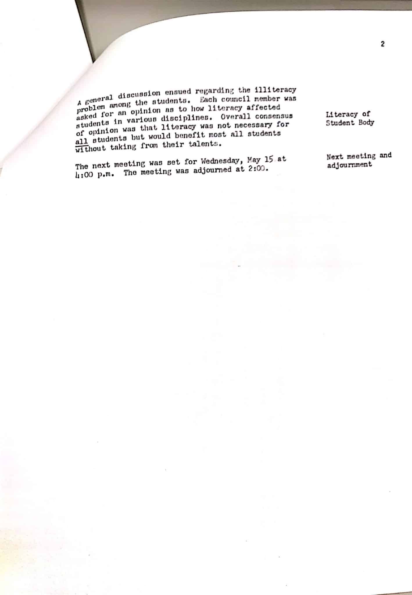 Text: "A general discussion ensued regarding the illiteracy problem among students. Each council member was asked for an opinion as to how literacy affected students in various disciplines. Overall consensus of opinion was that literacy was not necessary for all students but would benefit most all students without taking from their talents."