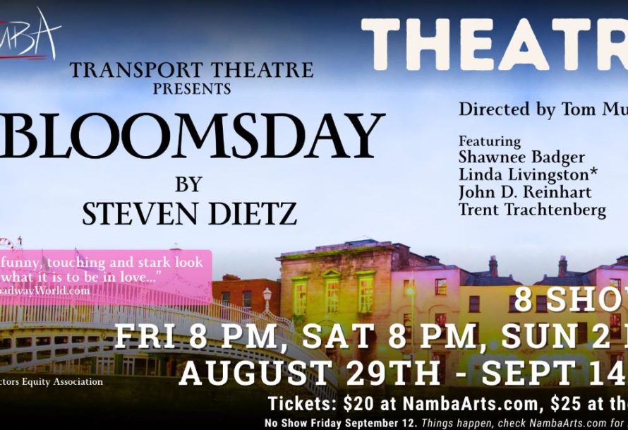 Poster for Bloomsday by Steven Dietz, with a graphic design of a small town.